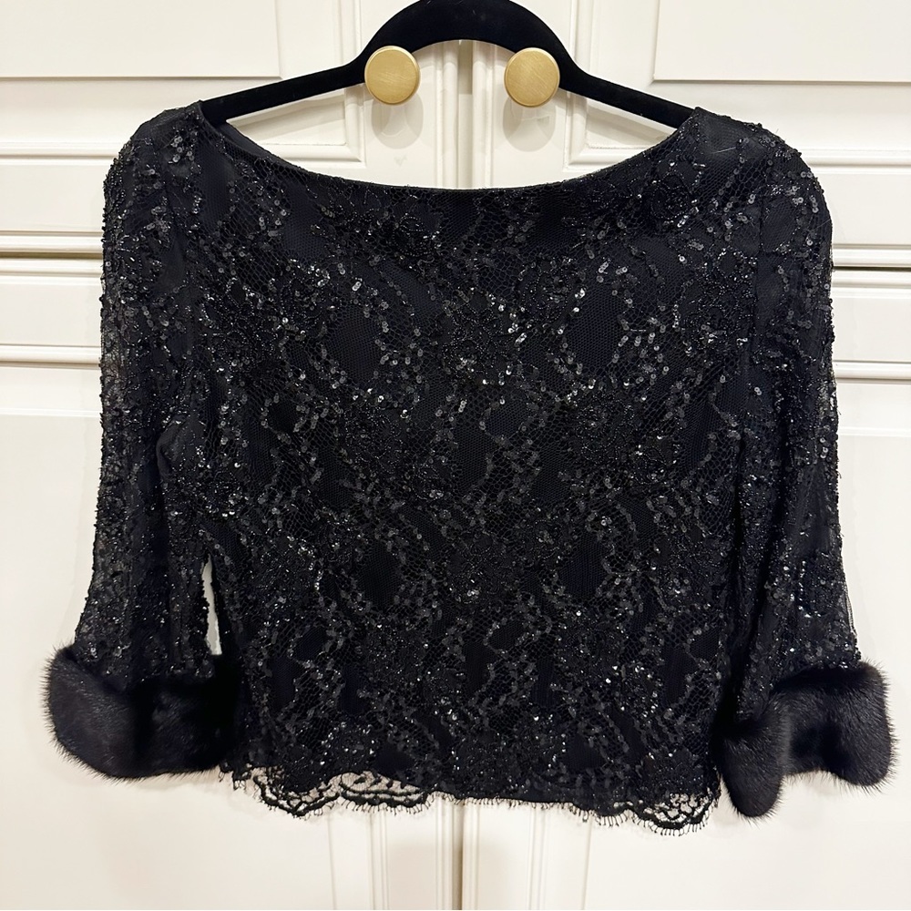 Badgley Mischka Womens Formal Sequin Black Faux Fur Trim Blouse Cocktail Event 6